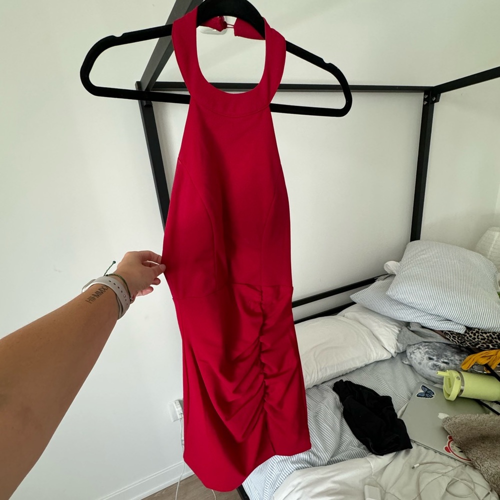 Red halter neck dress with ruching on the front and back
